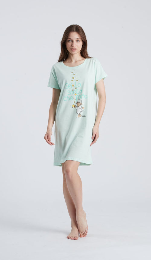 Camicia da notte girocollo Stella per donna in morbido cotone 100% per notti di puro relax