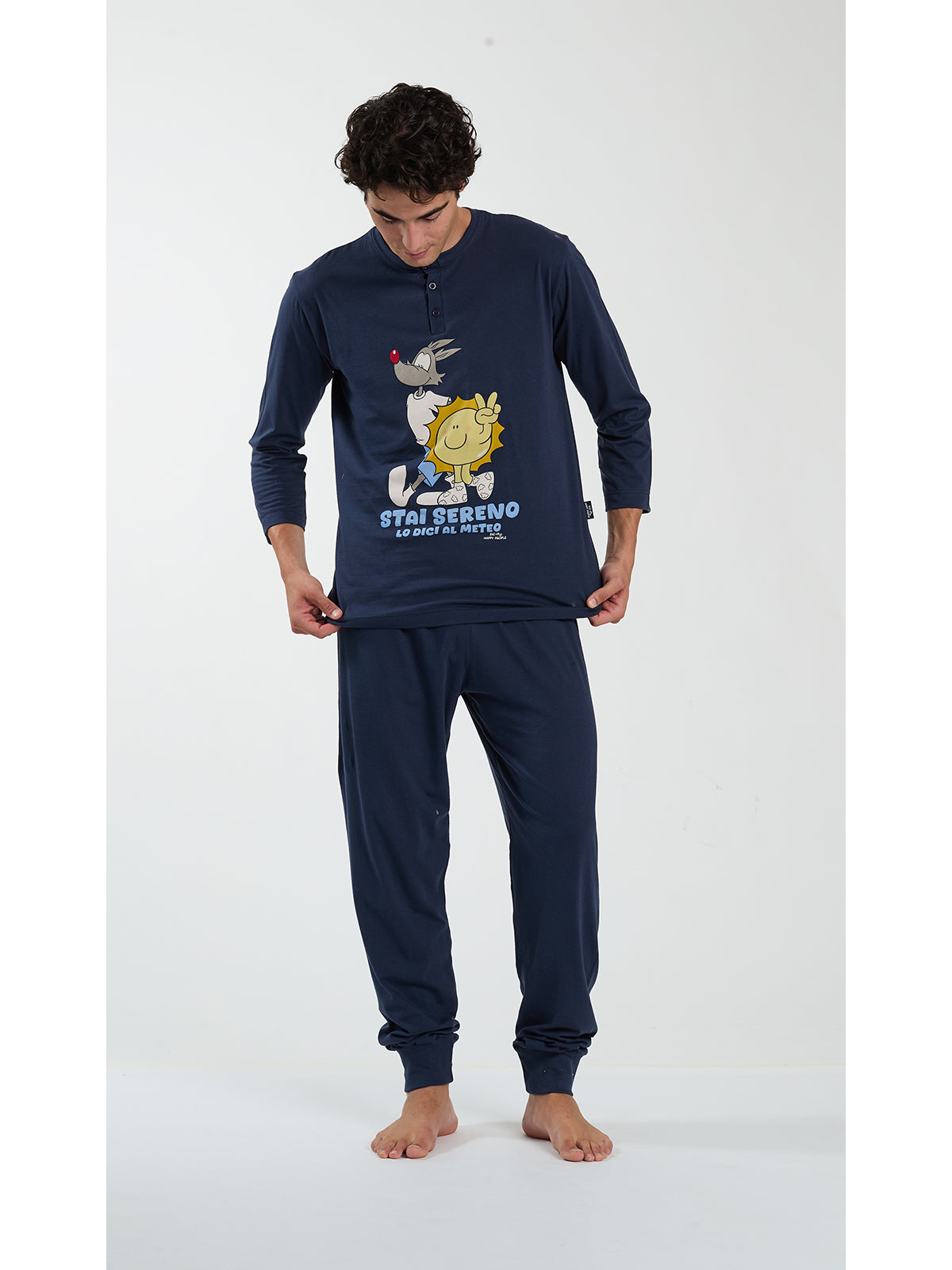 Pigiama serafino uomo, in morbido jersey di puro cotone blu