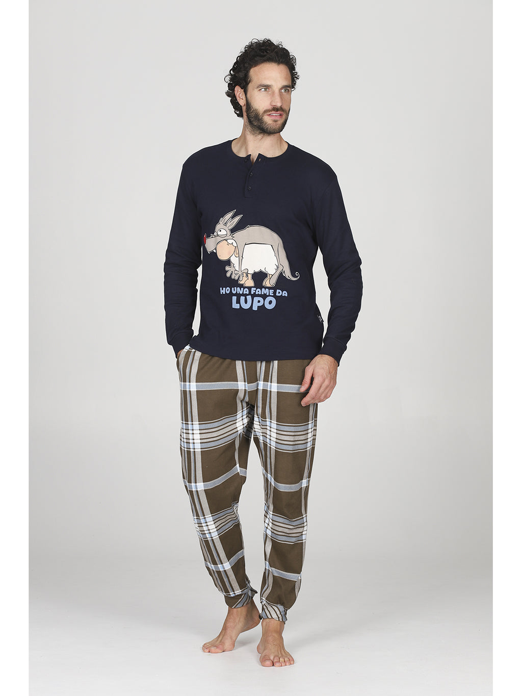 Pigiama uomo serafino, in caldo cotone con pantalone scozzese