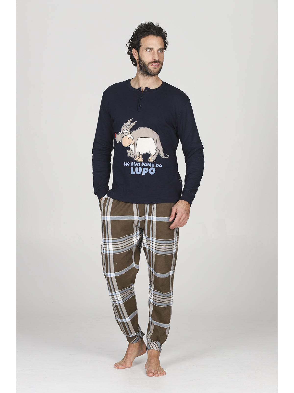 Pigiama uomo serafino, in caldo cotone con pantalone scozzese