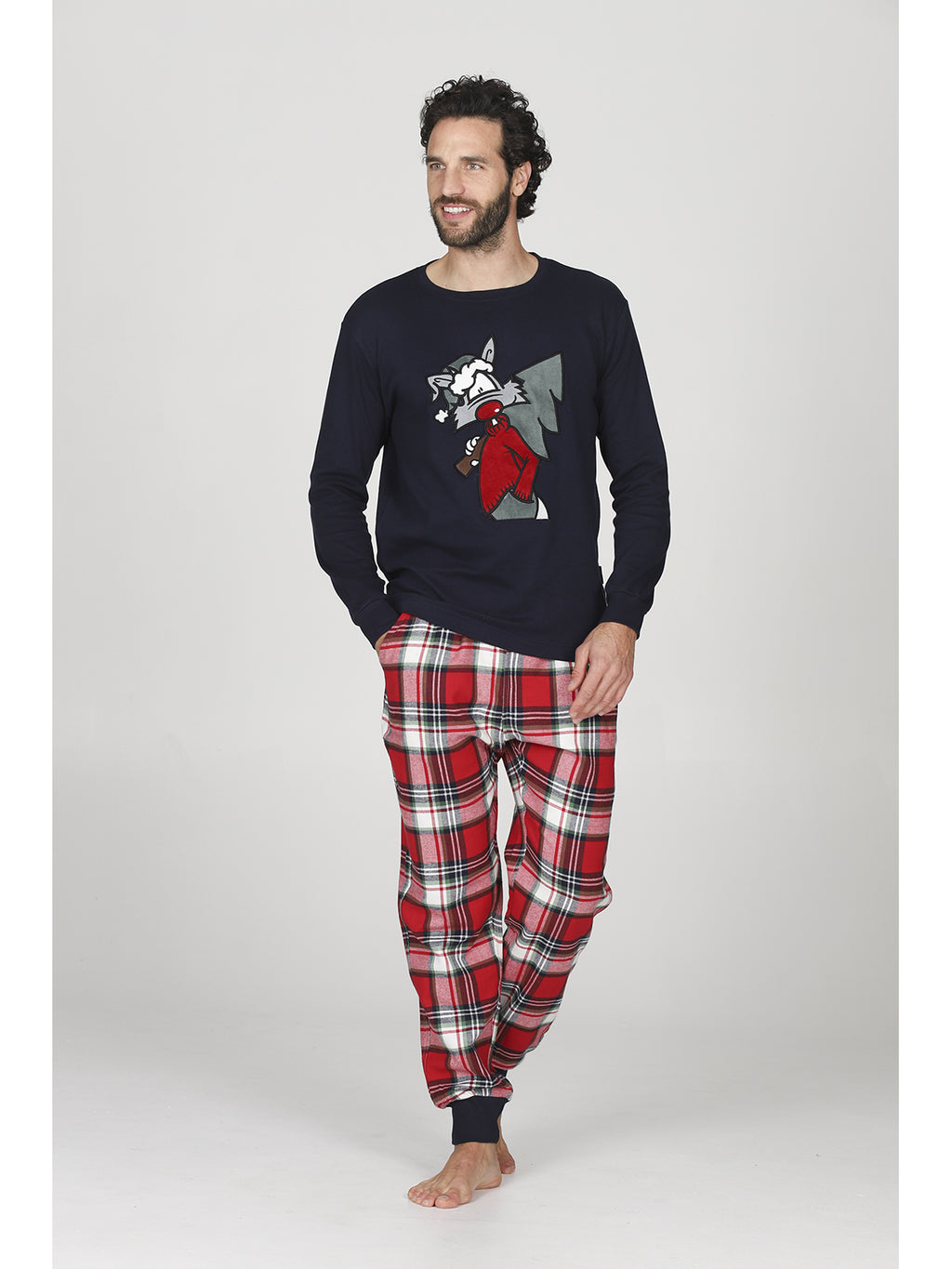 Pigiama uomo modello con maglia girocollo blue e pantaloni in calda flanella con fantasia scozzese nei toni del rosso