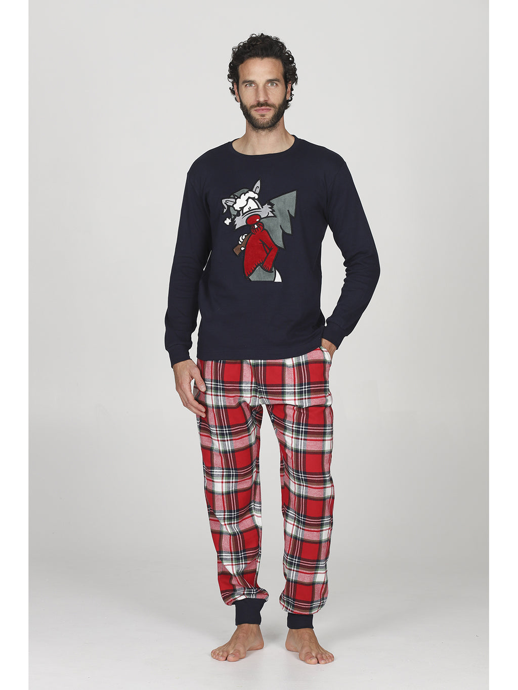 Pigiama uomo modello con maglia girocollo blue e pantaloni in calda flanella con fantasia scozzese nei toni del rosso