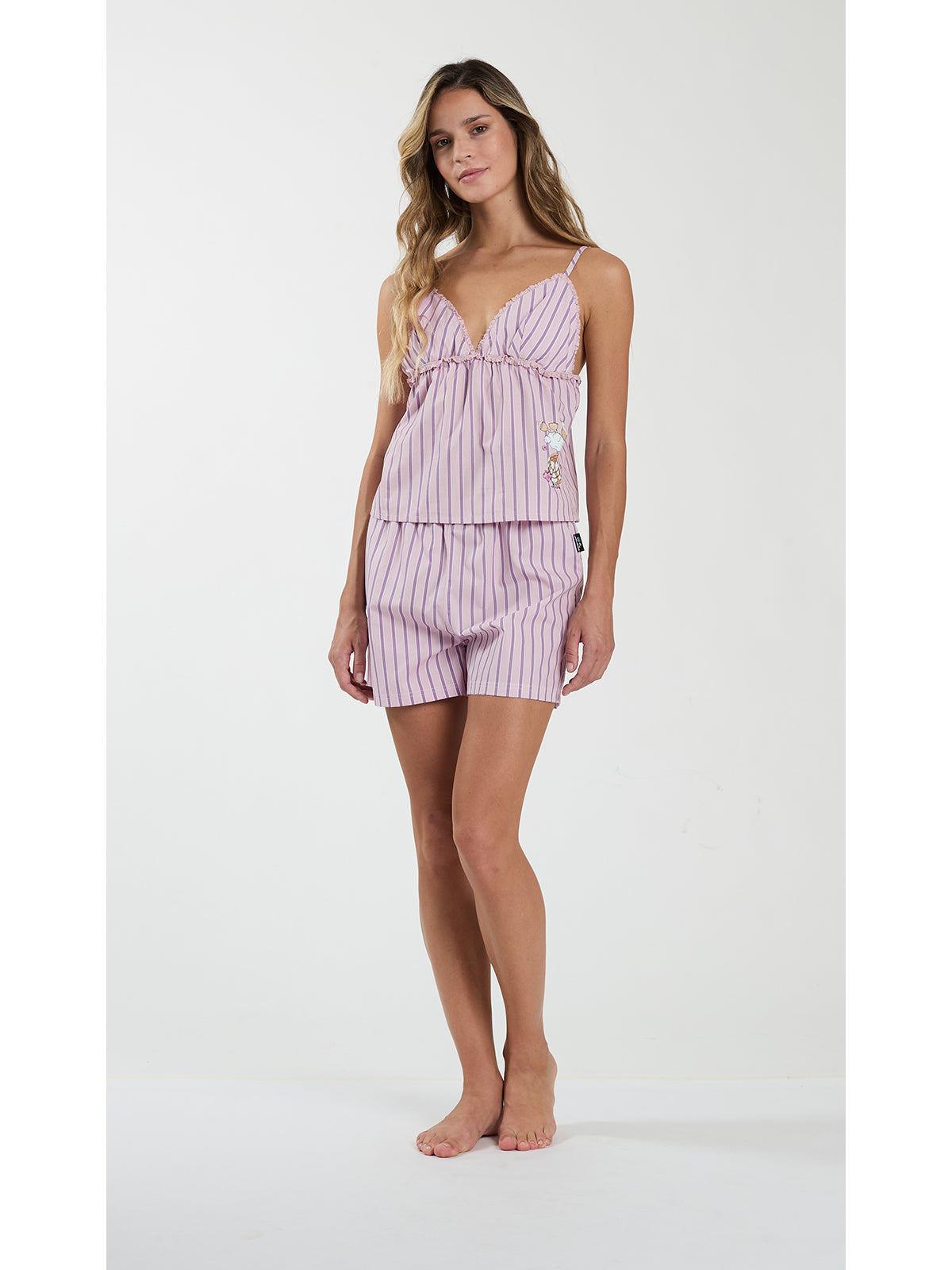 Pigiama donna con spallina in popeline, rigato all over