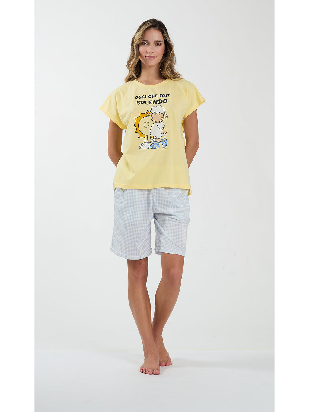 Pigiama corto donna girocollo, in fresco jersey di puro cotone yellow