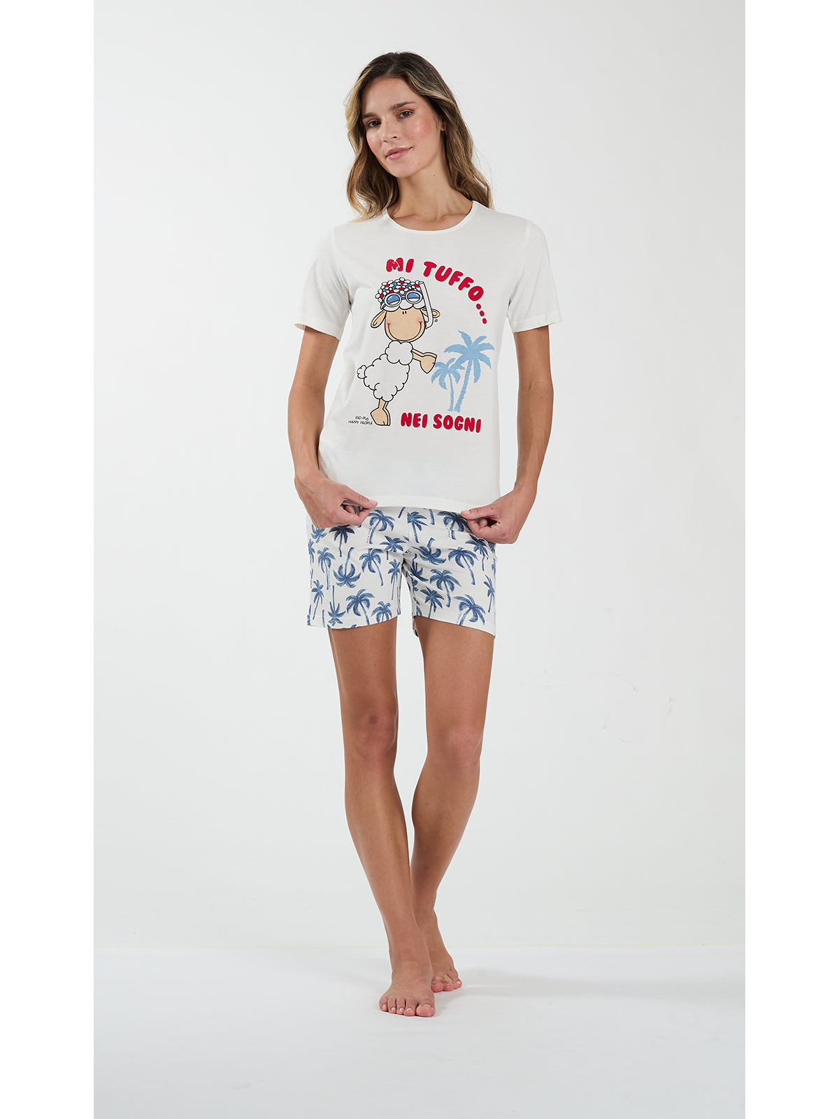 Pigiama corto donna in fresco cotone disegno palme