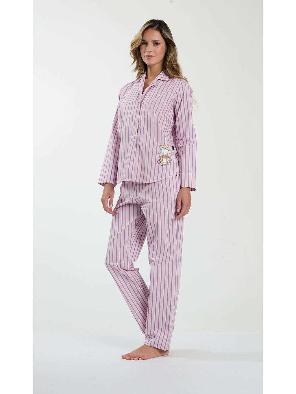 Pigiama donna in popeline, modello cardigan rigato all over