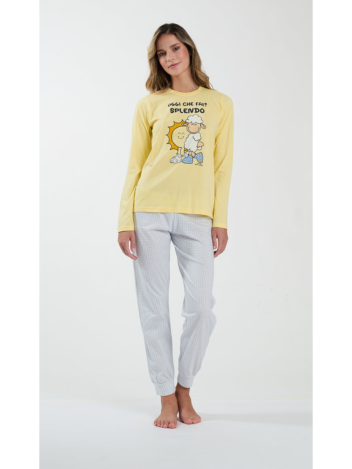 Pigiama donna girocollo, in fresco jersey di puro cotone yellow