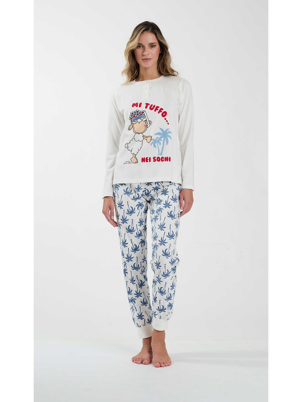 Pigiama donna serafino, in fresco cotone disegno palme