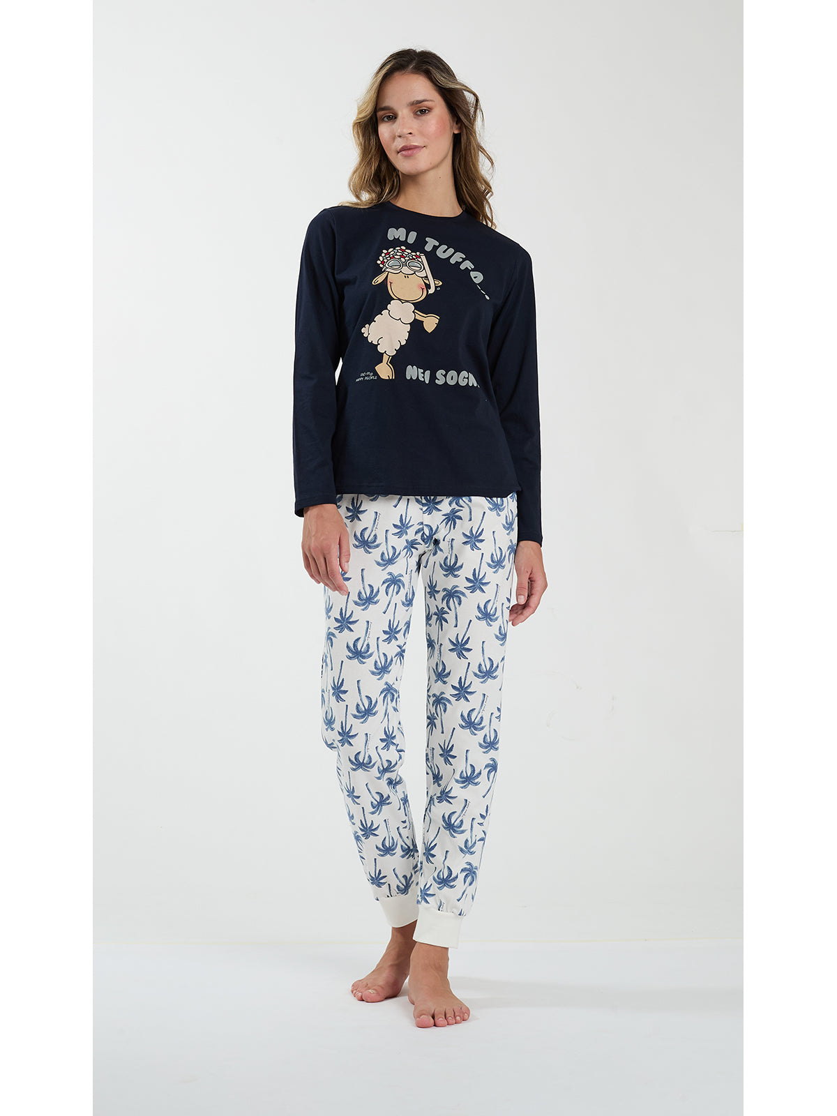 Pigiama donna girocollo, in fresco cotone disegno palme