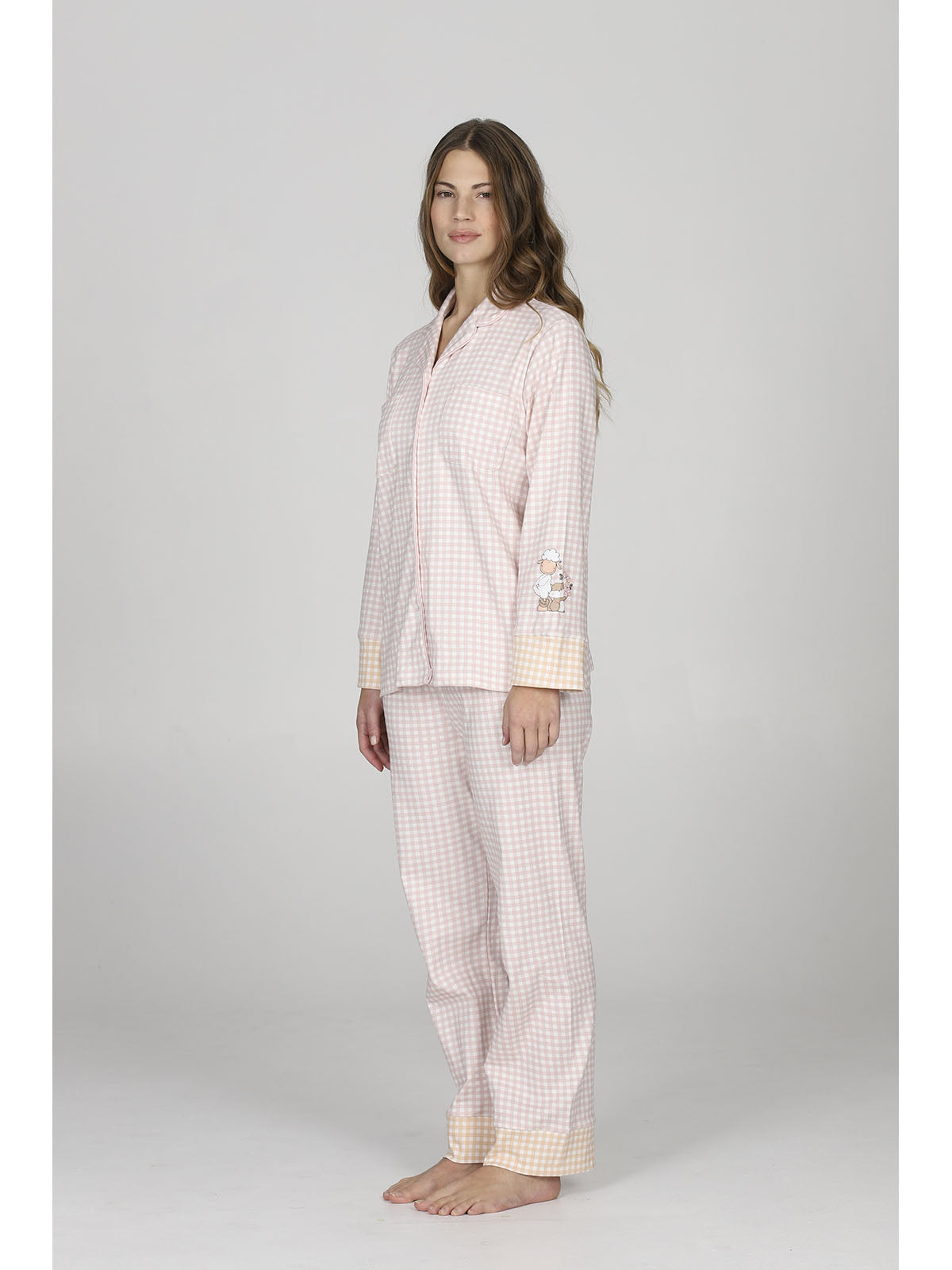 Pigiama cardigan donna, in morbido caldo cotone, a quadretti rosa