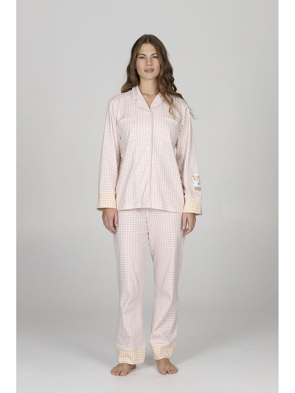 Pigiama cardigan donna, in morbido caldo cotone, a quadretti rosa