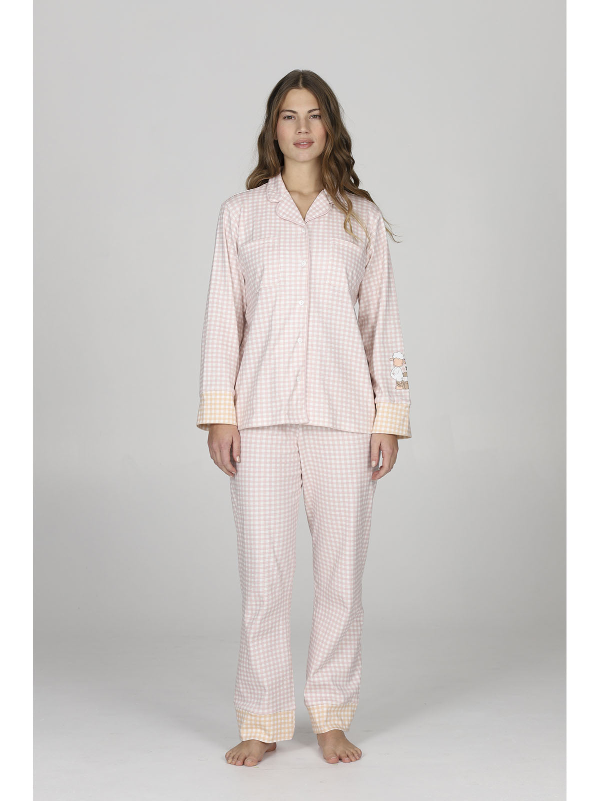 Pigiama cardigan donna, in morbido caldo cotone, a quadretti rosa