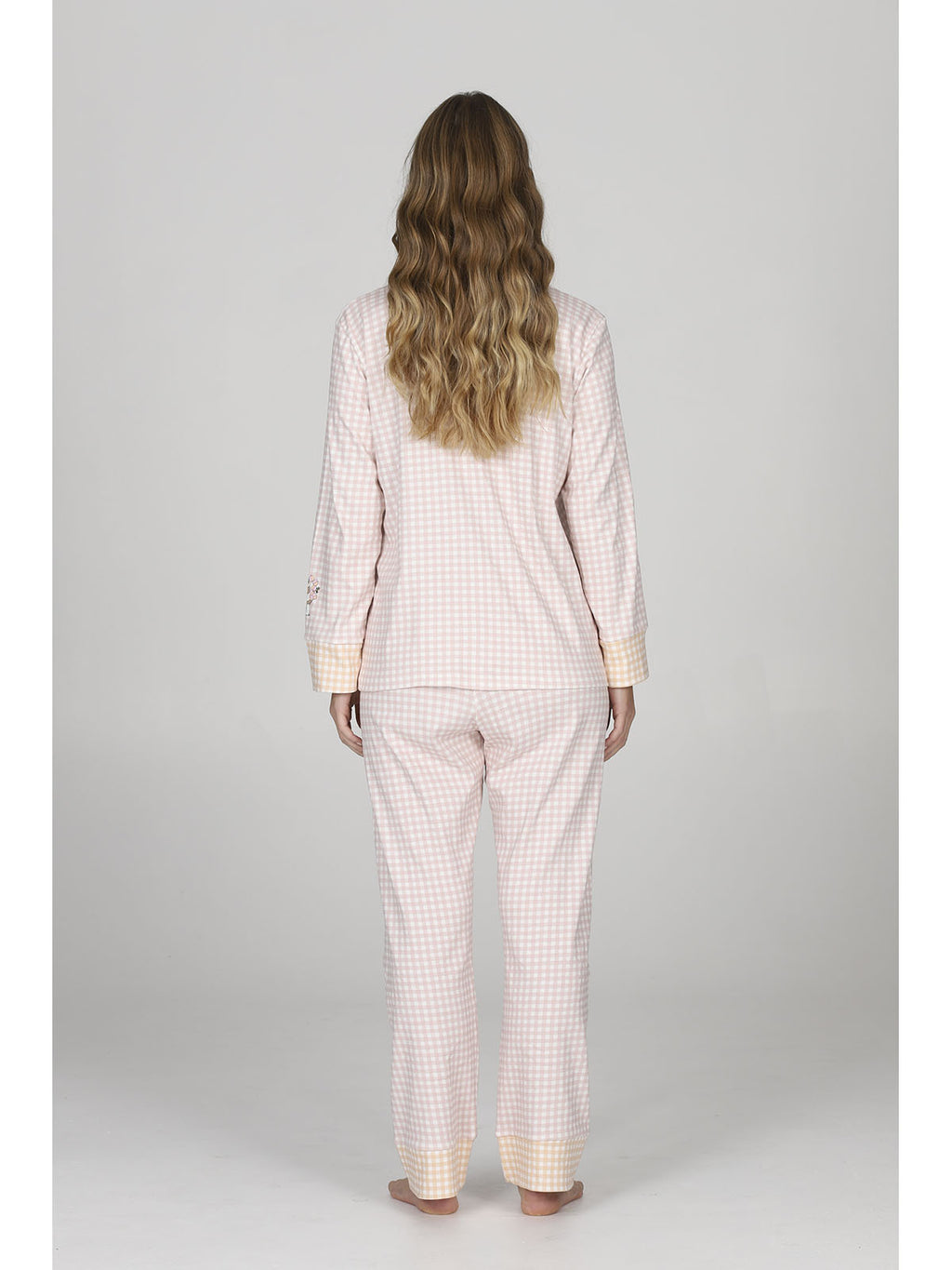 Pigiama cardigan donna, in morbido caldo cotone, a quadretti rosa