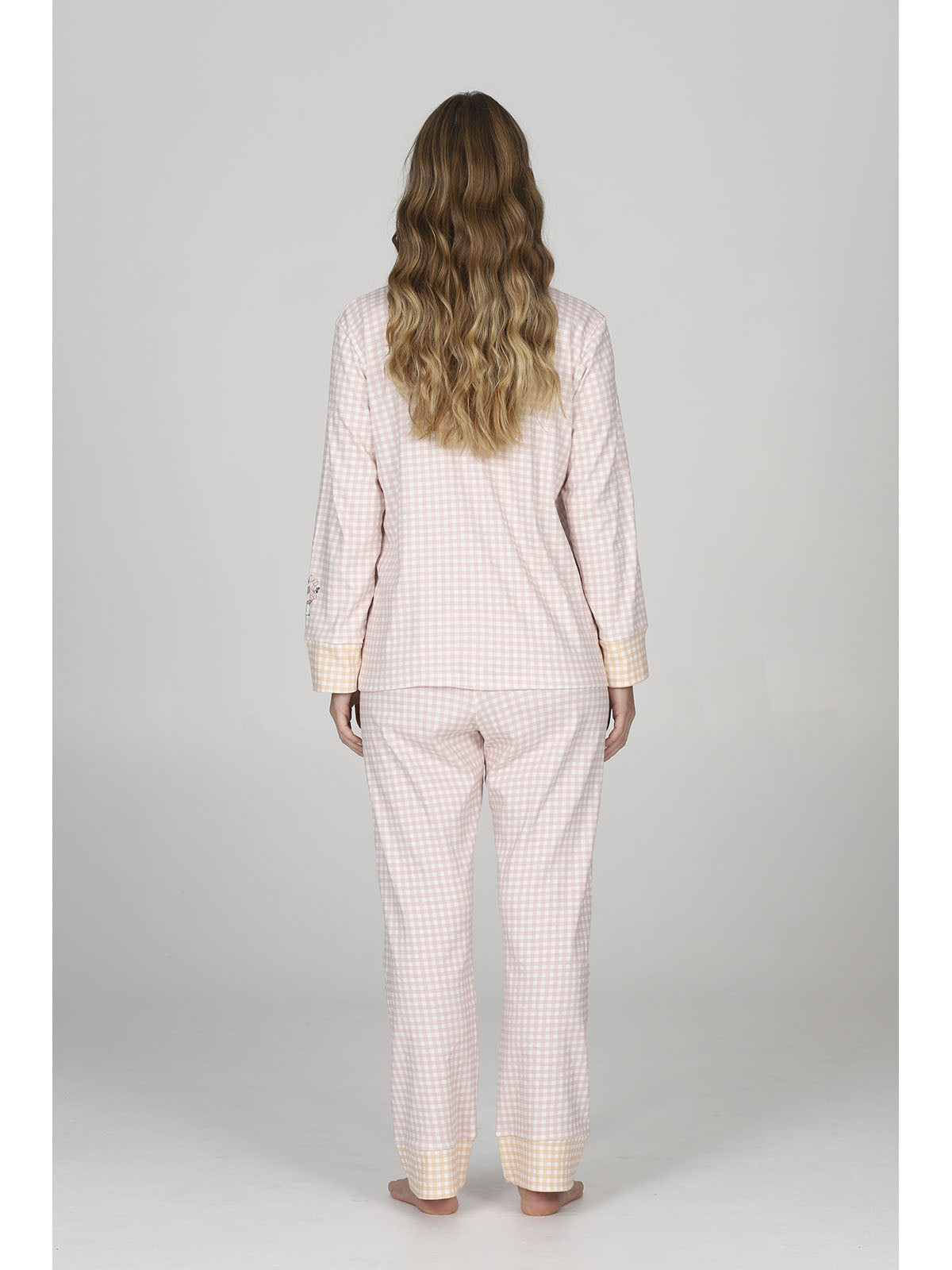 Pigiama cardigan donna, in morbido caldo cotone, a quadretti rosa