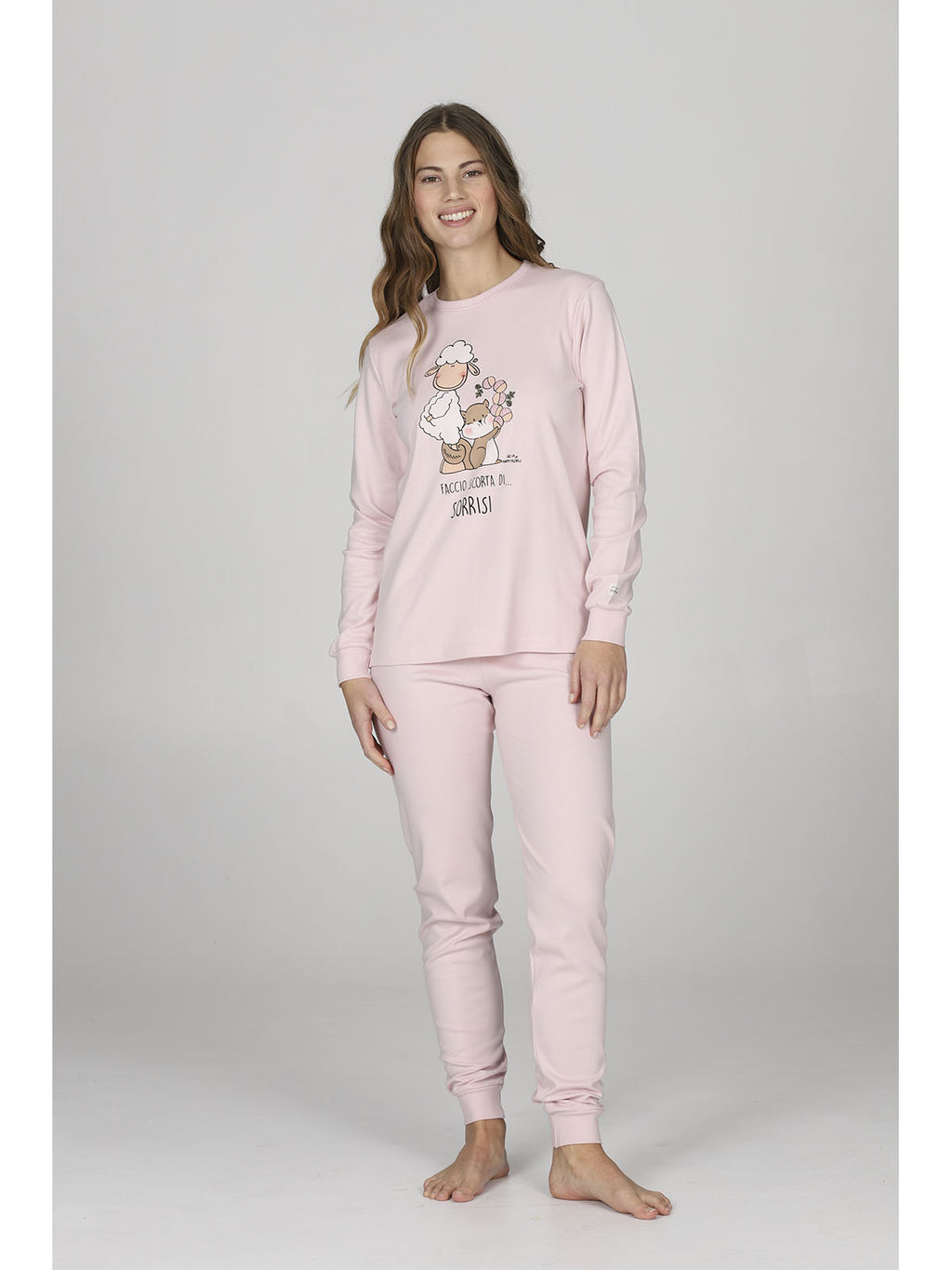 Pigiama girocollo donna in nuance rosa, con polsini