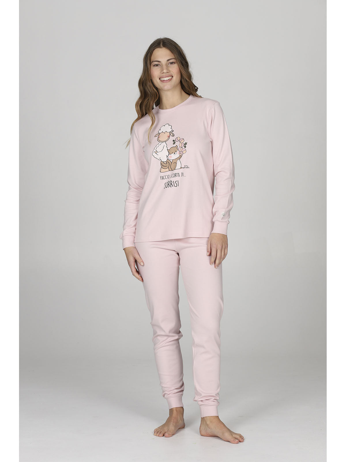 Pigiama girocollo donna in nuance rosa, con polsini