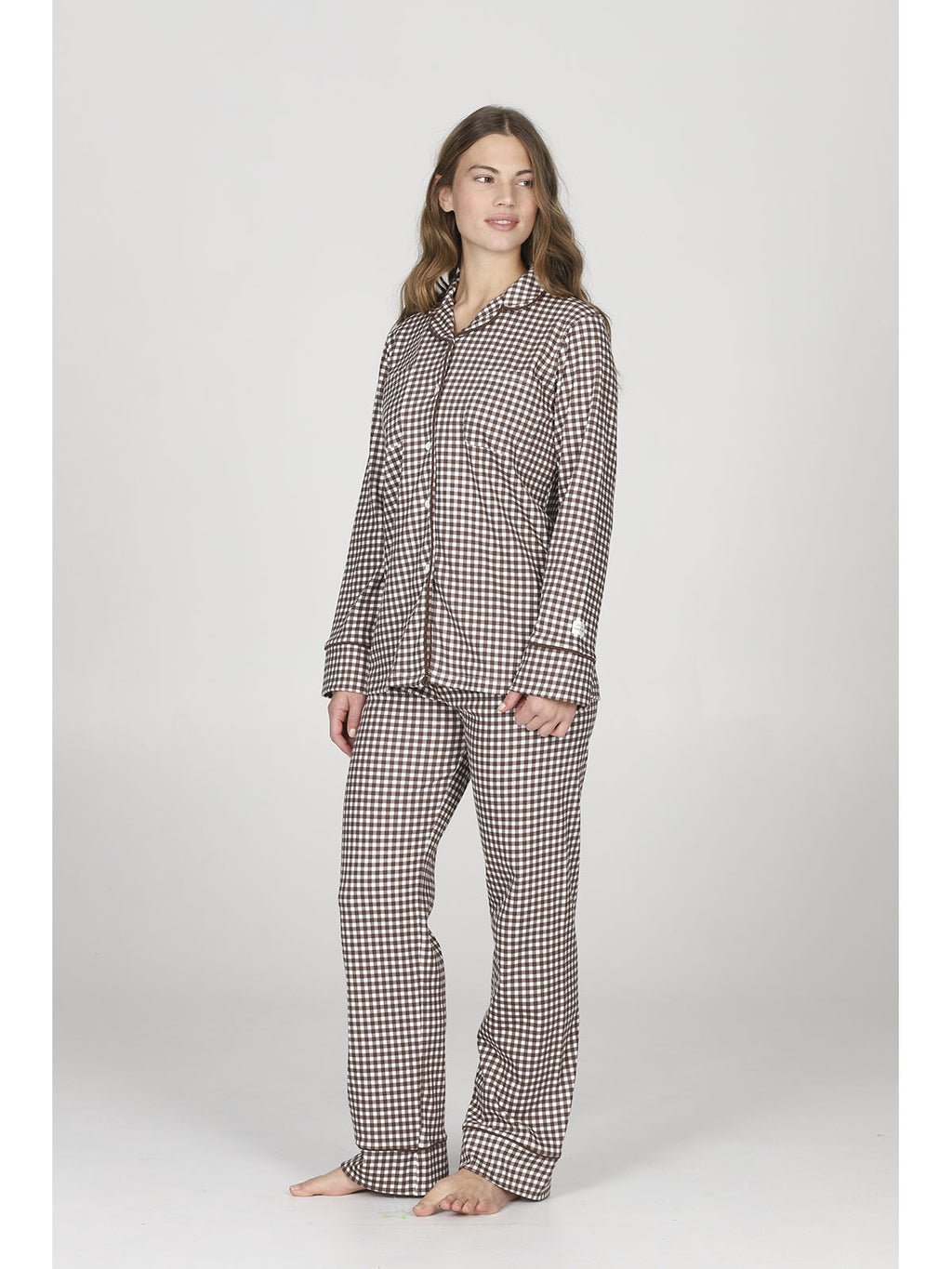 Pigiama cardigan donna, in morbido caldo cotone, a quadretti marrone