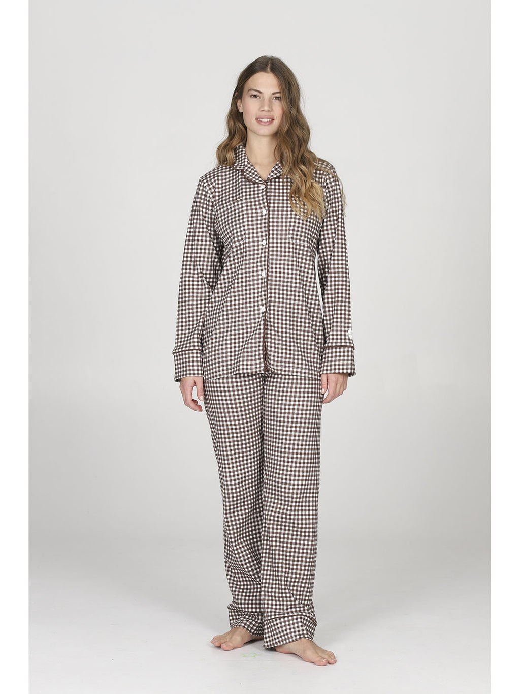 Pigiama cardigan donna, in morbido caldo cotone, a quadretti marrone