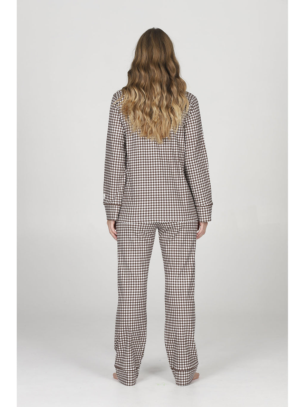 Pigiama cardigan donna, in morbido caldo cotone, a quadretti marrone