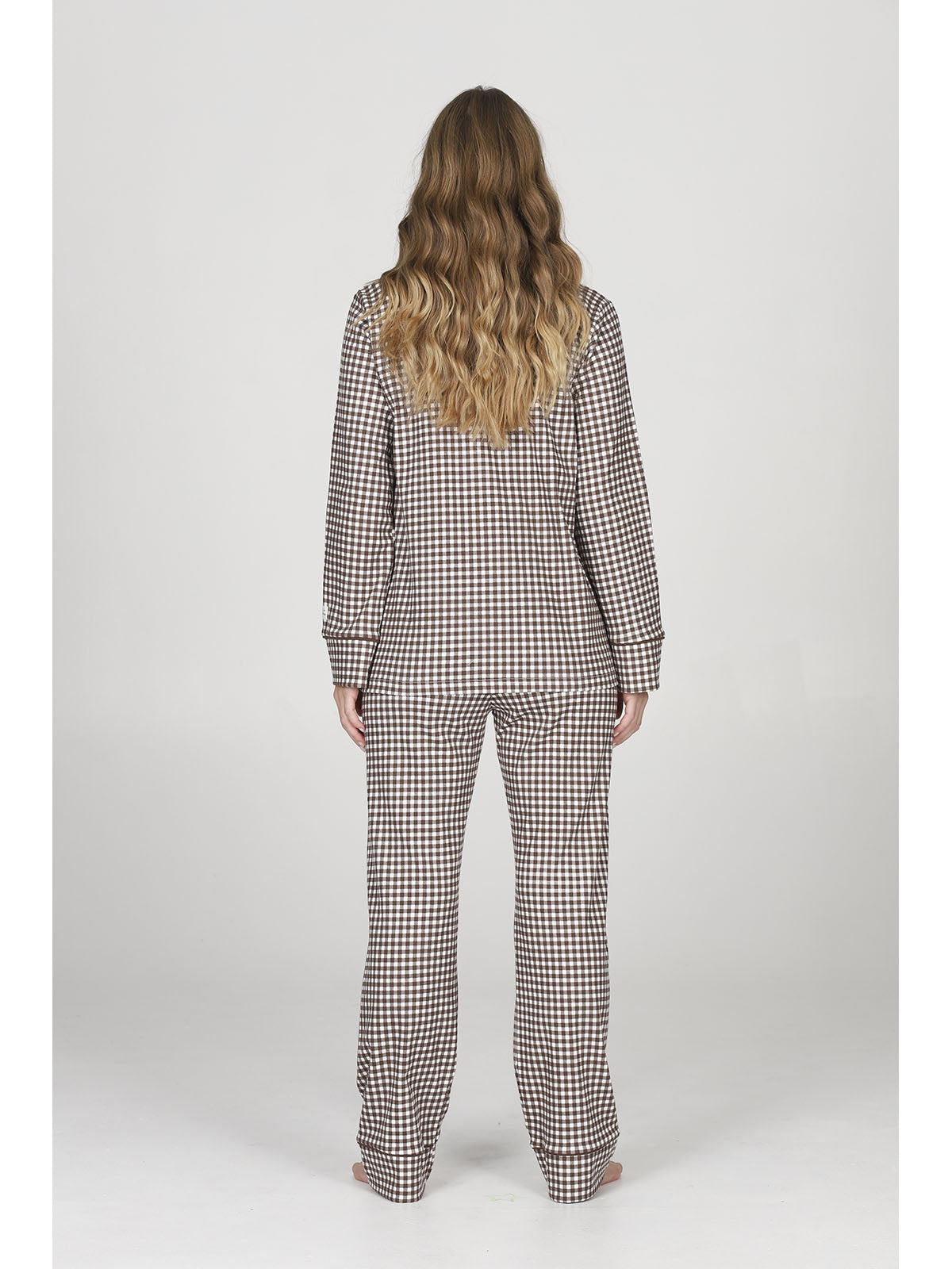Pigiama cardigan donna, in morbido caldo cotone, a quadretti marrone