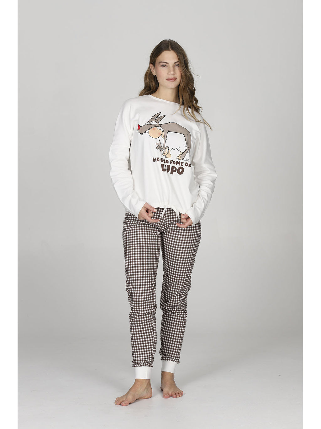 Pigiama donna con coulisse, in morbido caldo cotone, a quadretti marrone