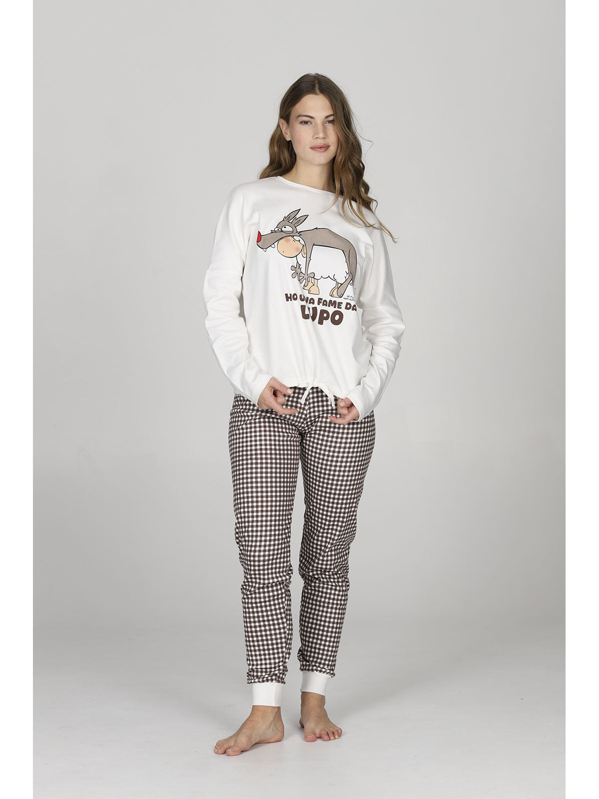 Pigiama donna con coulisse, in morbido caldo cotone, a quadretti marrone