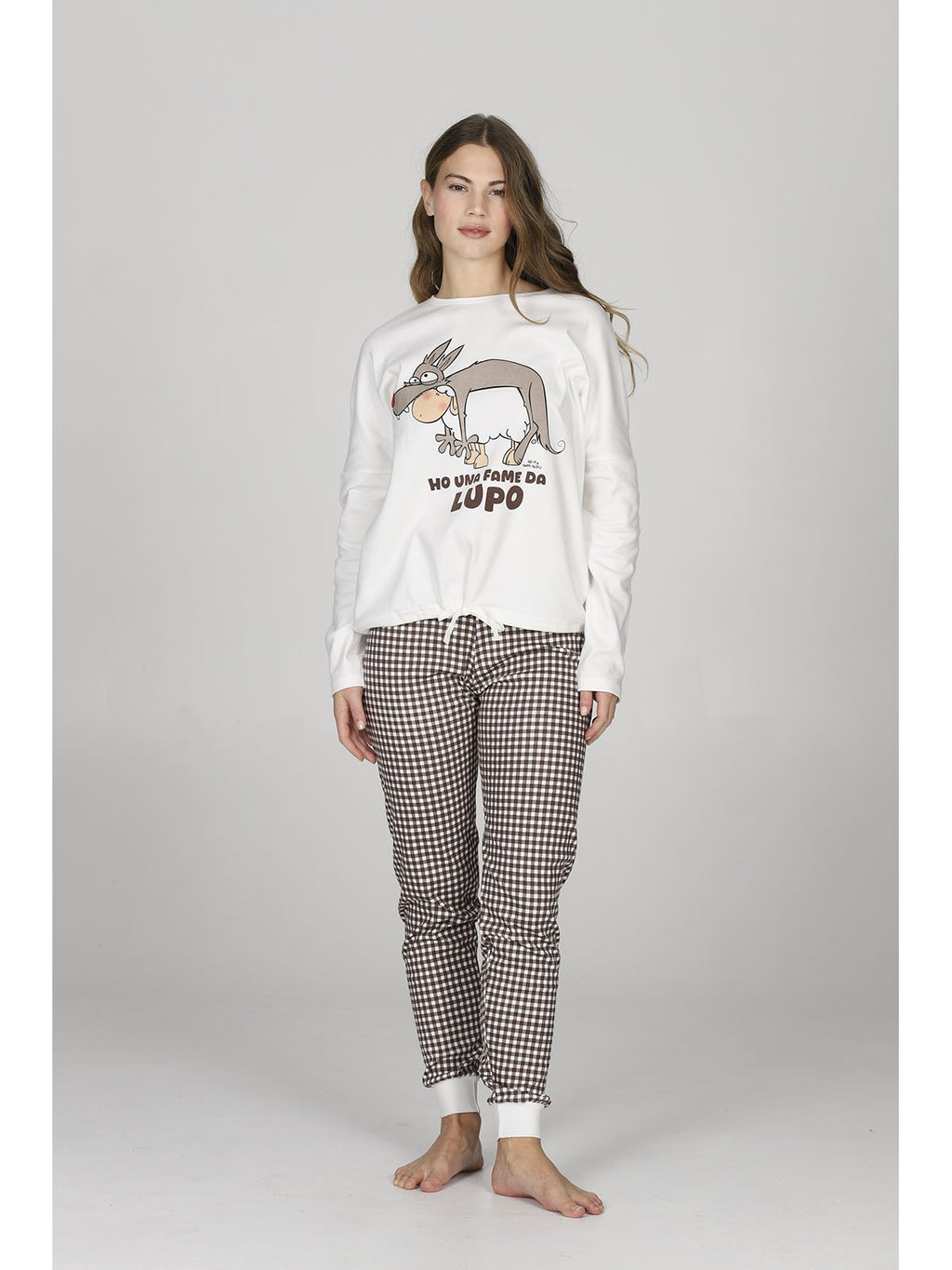 Pigiama donna con coulisse, in morbido caldo cotone, a quadretti marrone