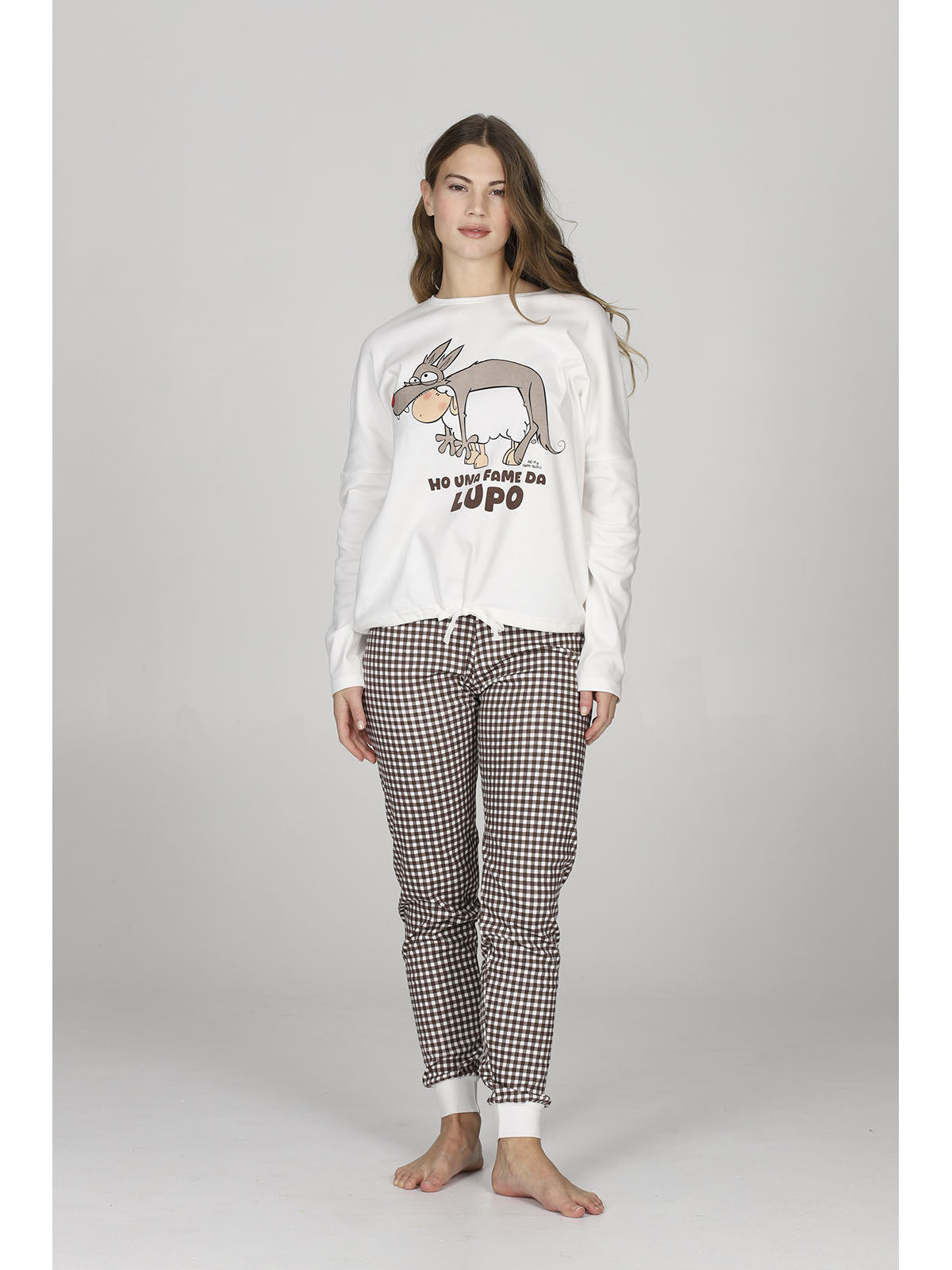 Pigiama donna con coulisse, in morbido caldo cotone, a quadretti marrone