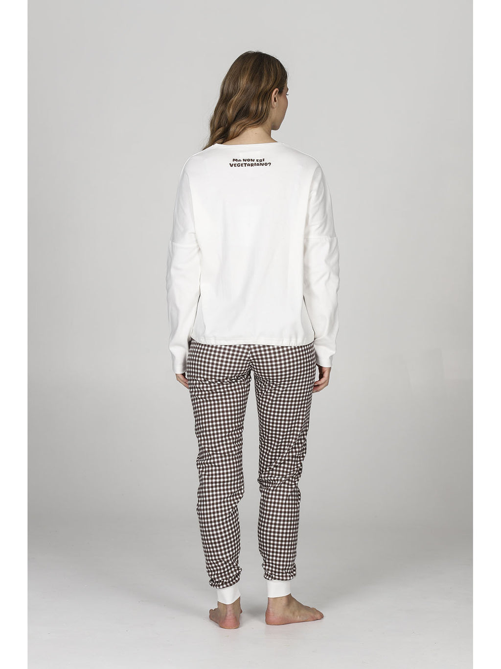 Pigiama donna con coulisse, in morbido caldo cotone, a quadretti marrone