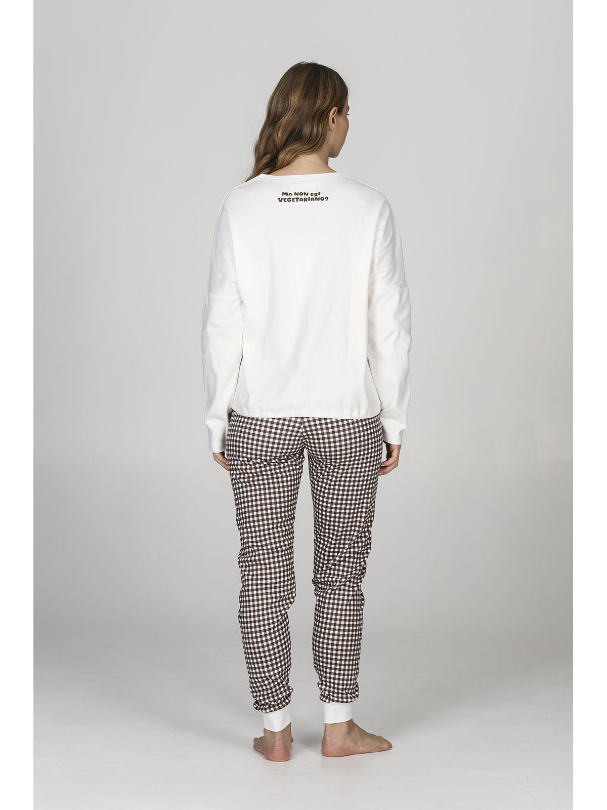 Pigiama donna con coulisse, in morbido caldo cotone, a quadretti marrone