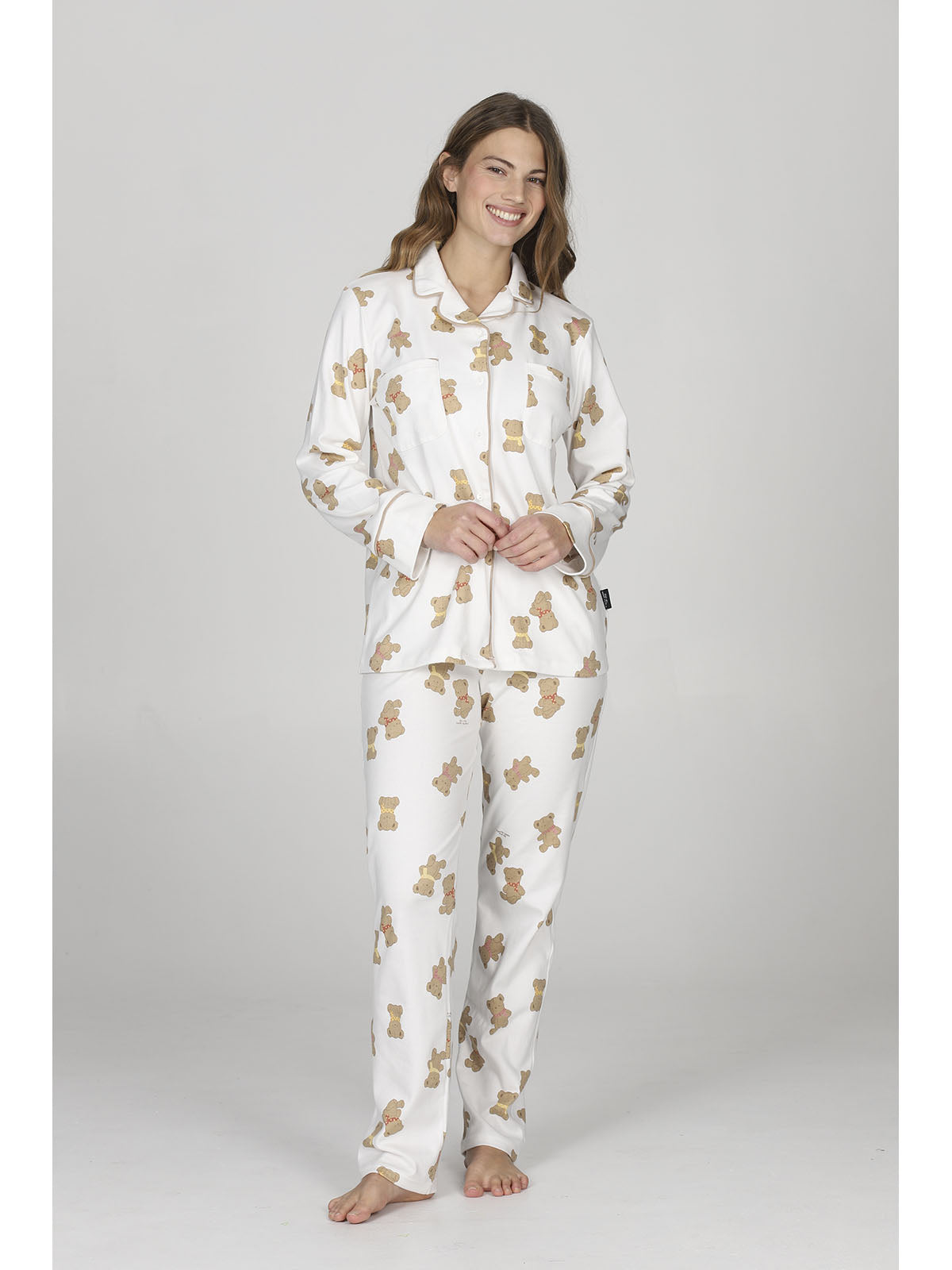 Pigiama cardigan donna, in morbido caldo cotone disegno orsetti