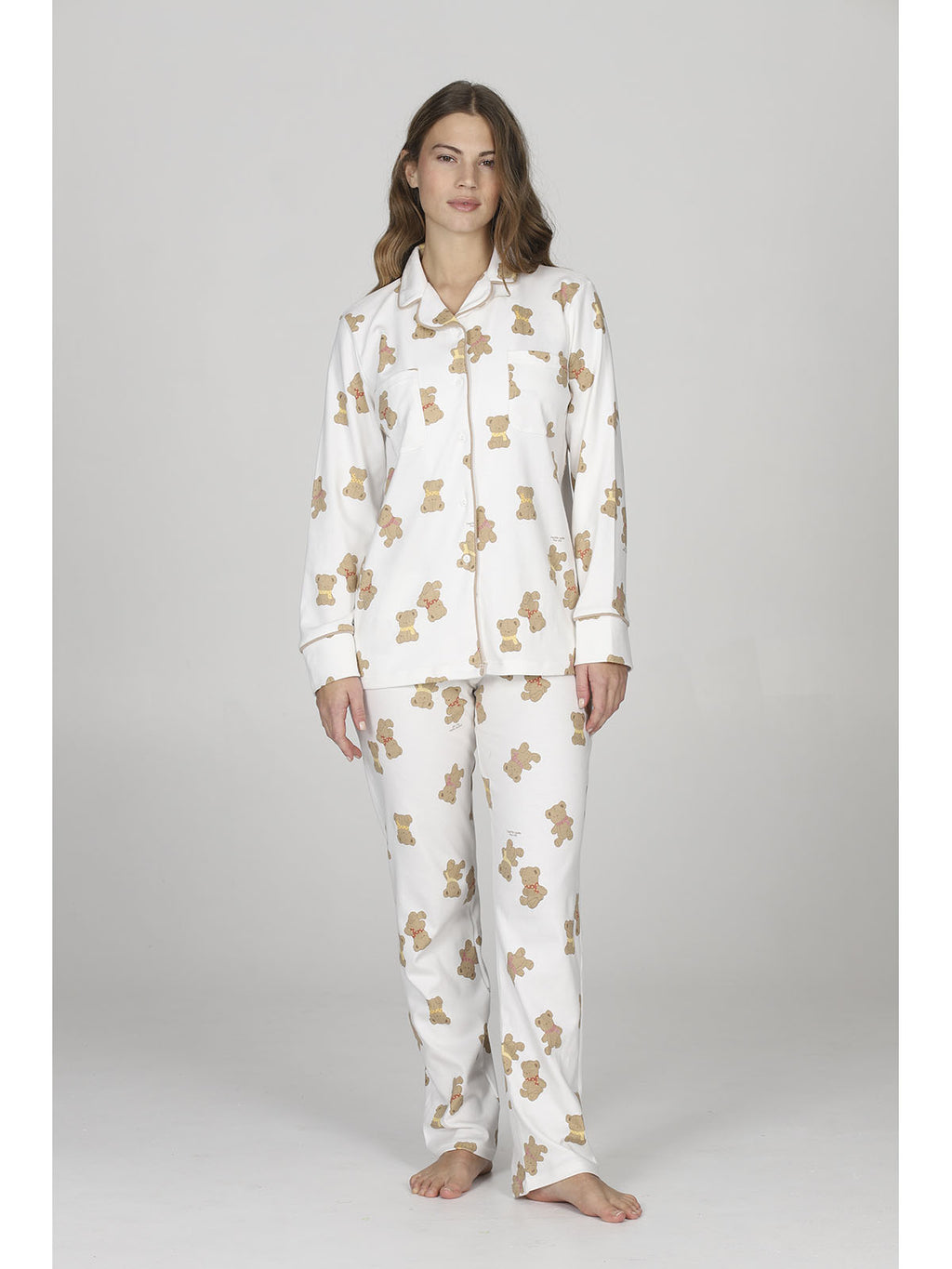 Pigiama cardigan donna, in morbido caldo cotone disegno orsetti