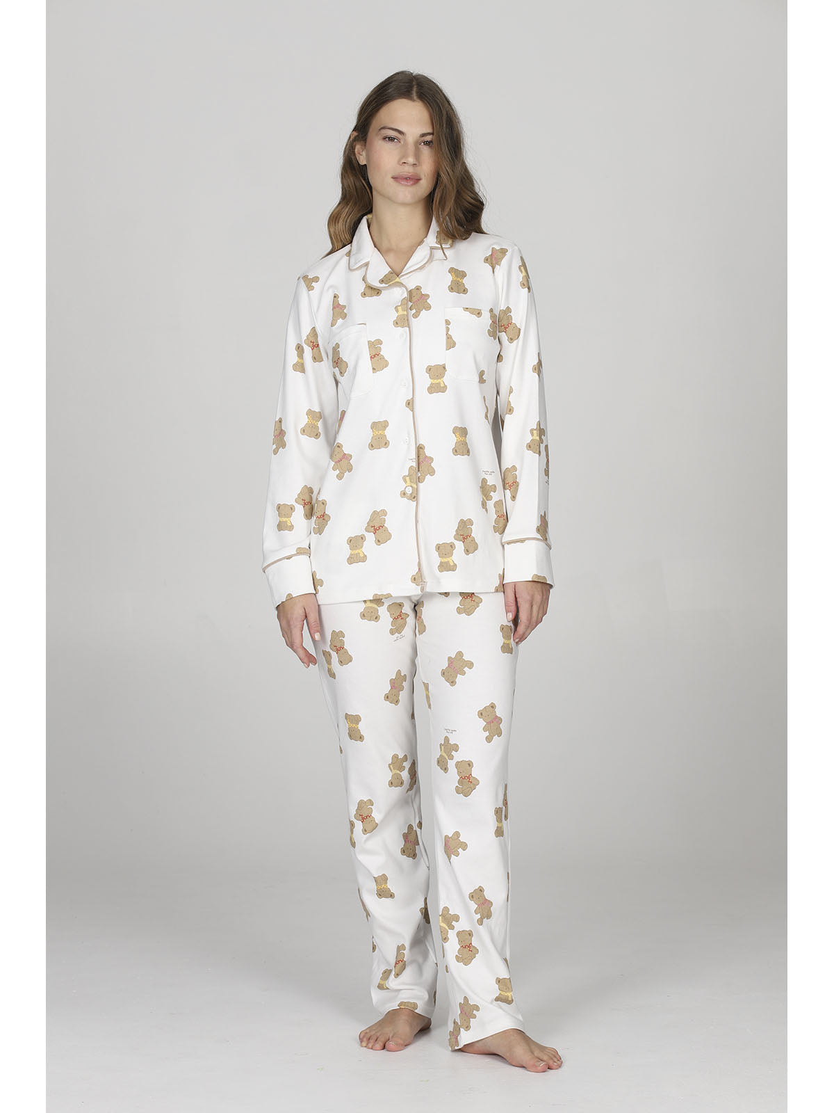 Pigiama cardigan donna, in morbido caldo cotone disegno orsetti