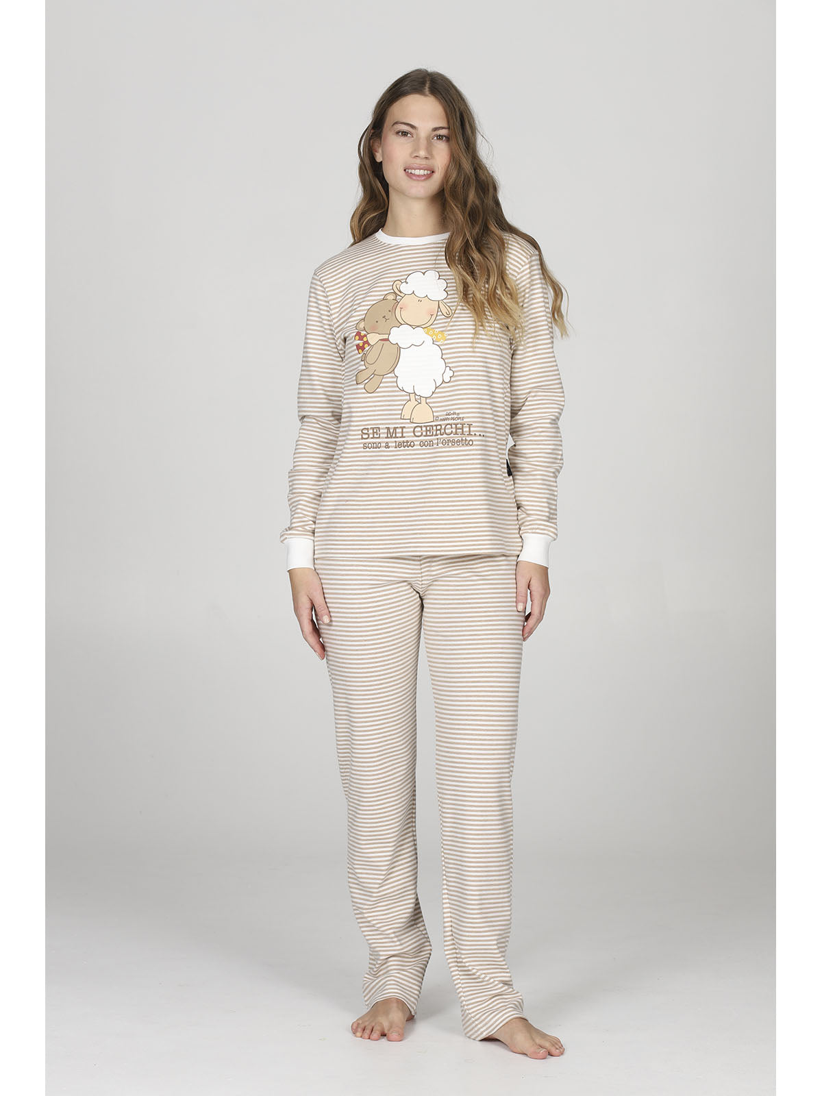 Pigiama donna girocollo, fantasia rigata all over in caldo cotone