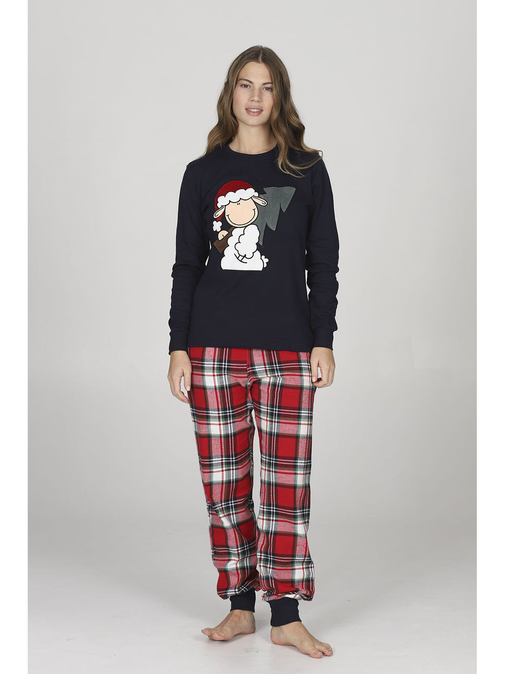 Pigiama donna modello con maglia girocollo blu e pantaloni in calda flanella con fantasia scozzese nei toni del rosso