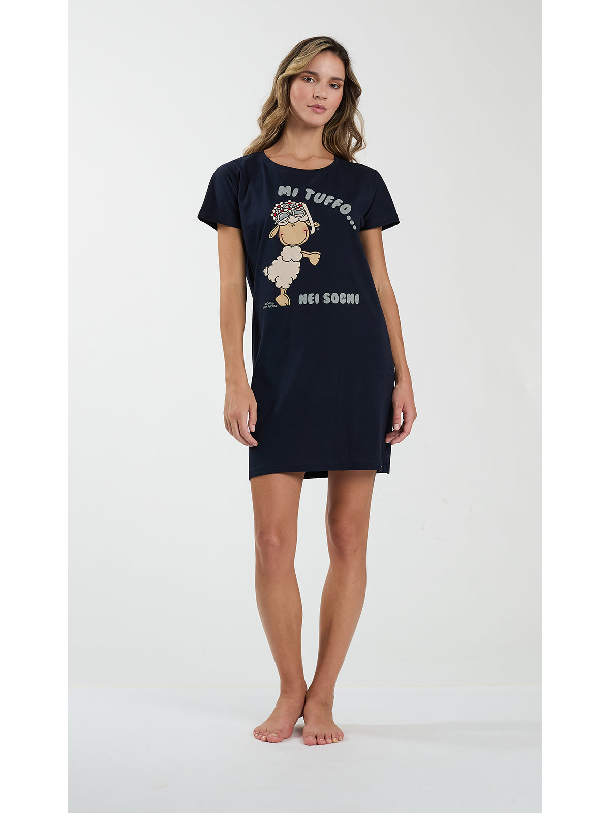 Camicia da notte donna, in fresco jersey di puro cotone colore blu