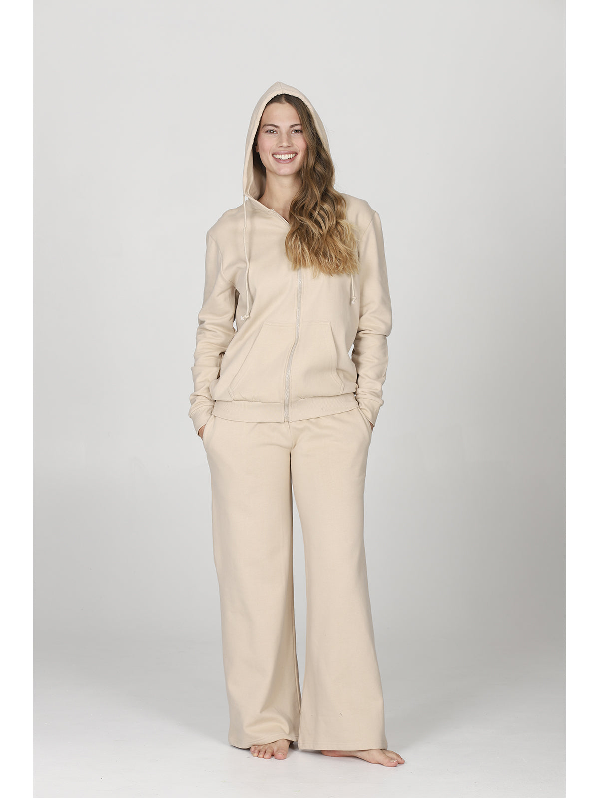 Pantaloni wide leg in felpa sabbia, coordinabili