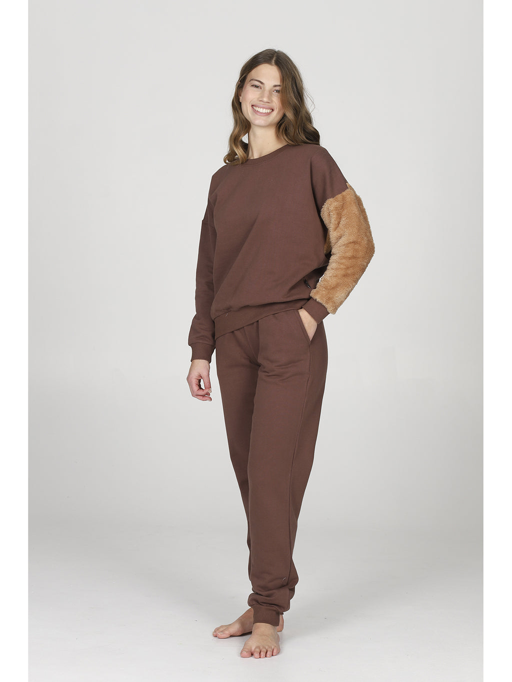 Pantaloni tuta marrone donna, in felpa di puro cotone coordinabili