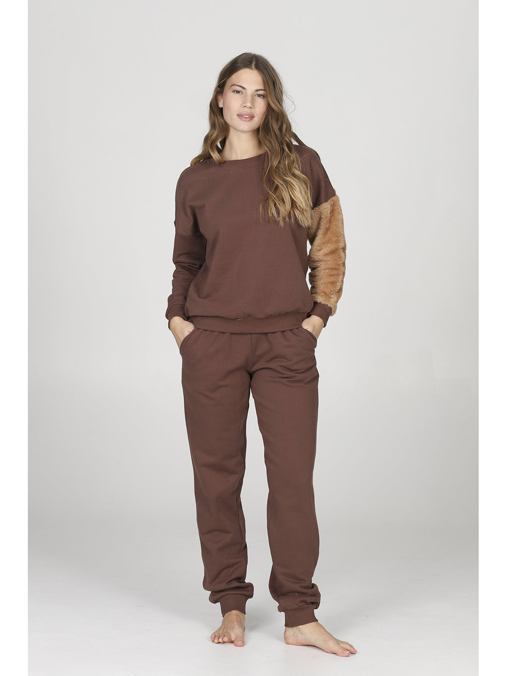 Pantaloni tuta color marrone donna, in felpa di puro cotone coordinabili