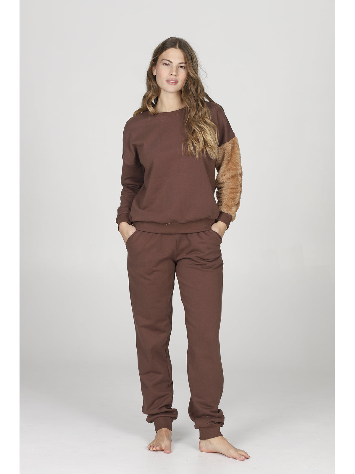 Pantaloni tuta color marrone donna, in felpa di puro cotone coordinabili