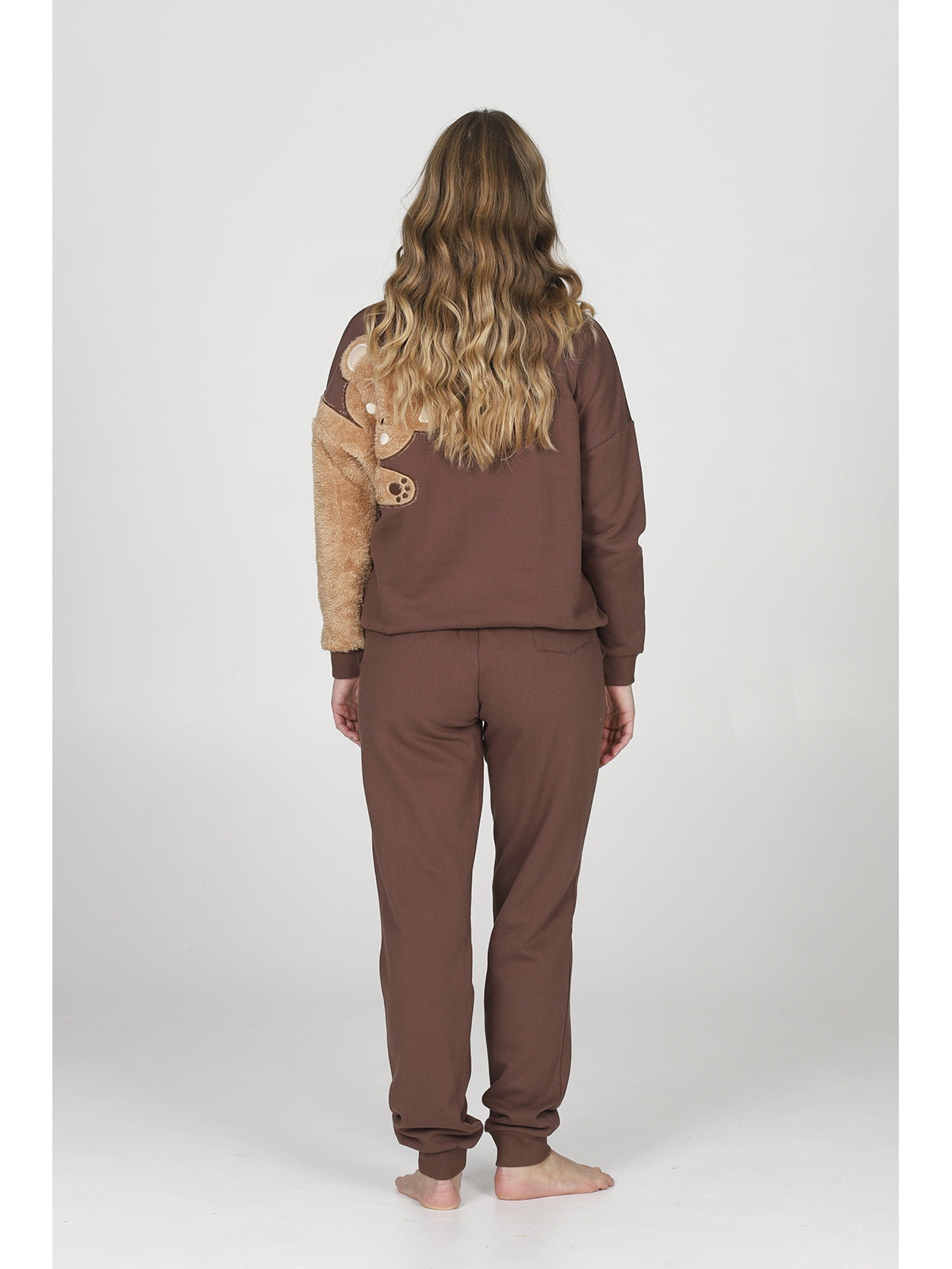 Pantaloni tuta marrone donna, in felpa di puro cotone coordinabili