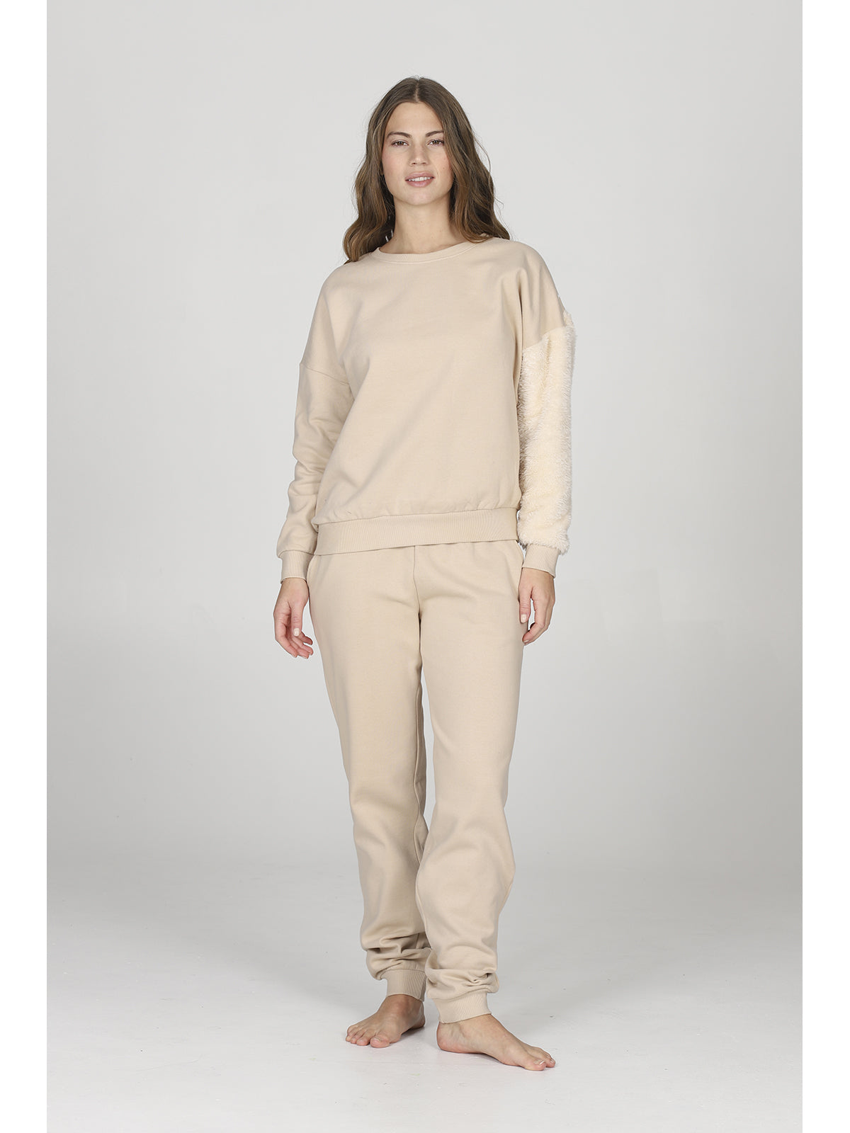 Pantaloni tuta color sabbia donna, in felpa di puro cotone coordinabili
