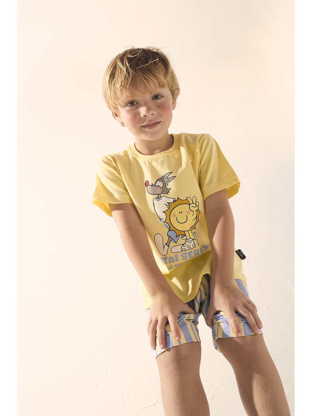 Pigiama girocollo bimbo corto, in jersey di puro cotone yellow
