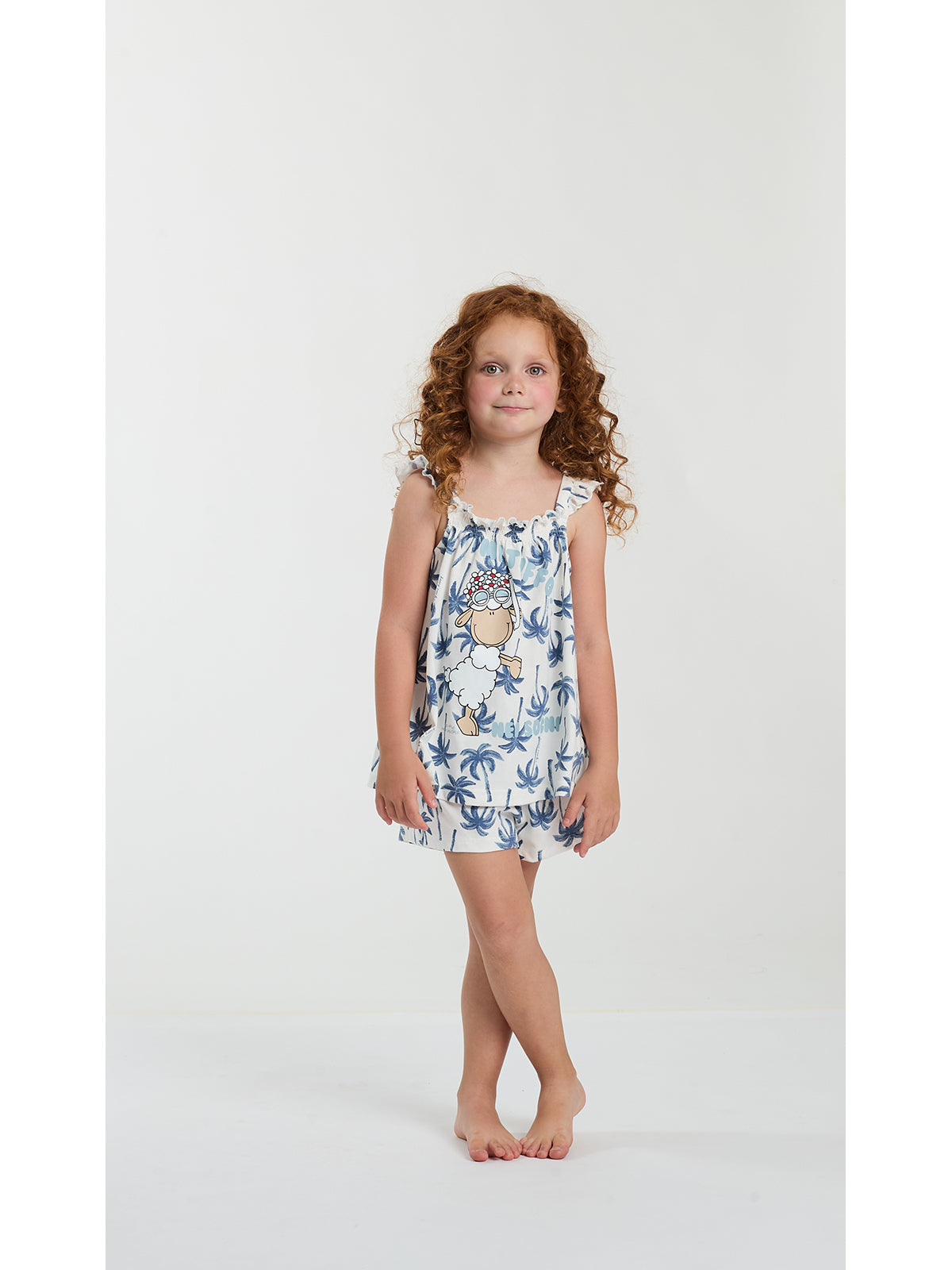 Pigiama bimba con arriccio in fresco cotone disegno palme