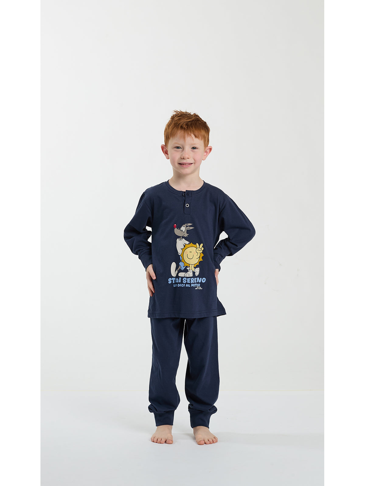 Pigiama serafino bambino, in morbido jersey di puro cotone blu