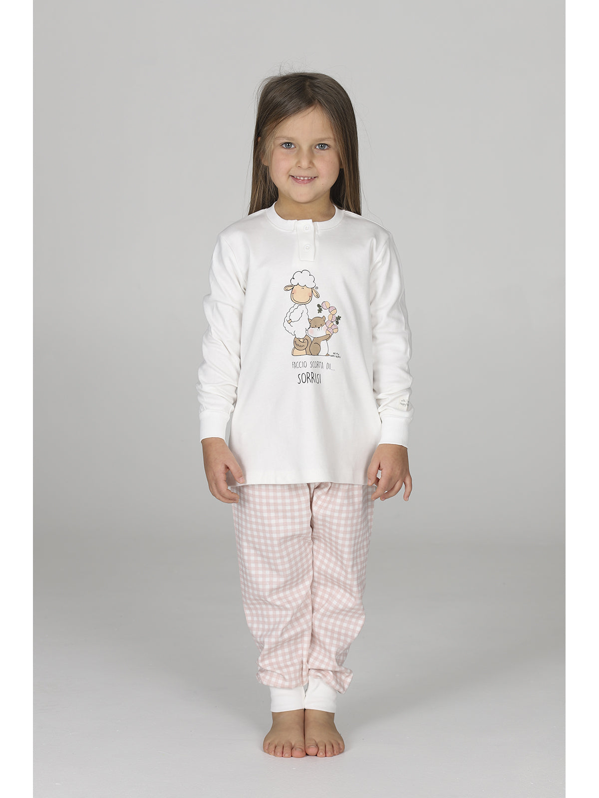 Pigiama bimba serafino, con pantaloni quadretti all over coordinabile